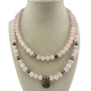 Rose Quartz Buddhist Mala Yoga Prayer Buddha Charm 36” Stretch Necklace
